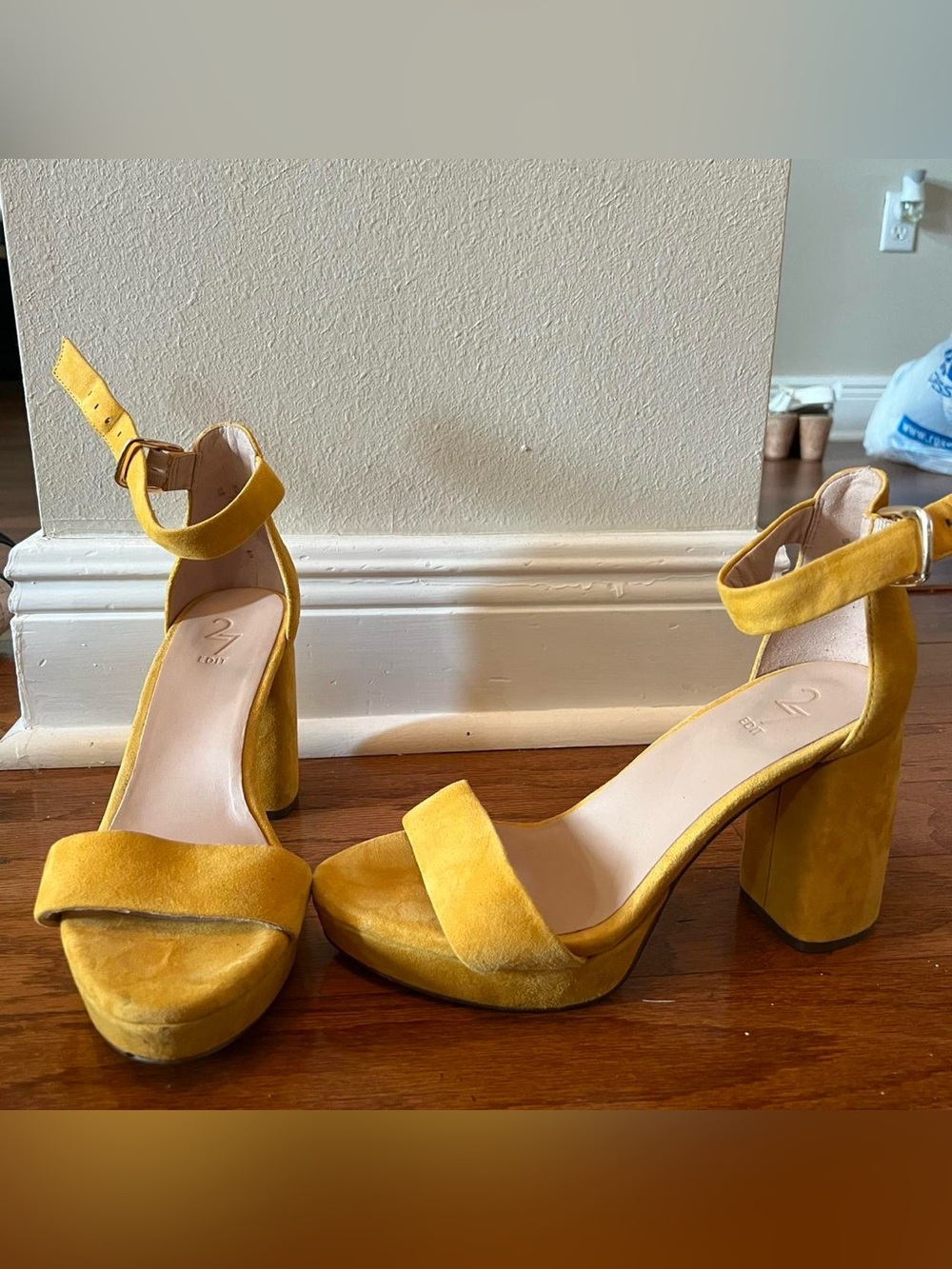 27 EDIT Yellow Suede Platform Block Heel Sandals